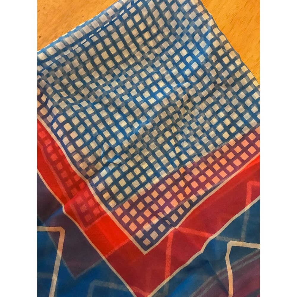 Vintage Sheer Blue and Red Scarf, Light Weight Thin Neck Scarf - Picture 3 of 7
